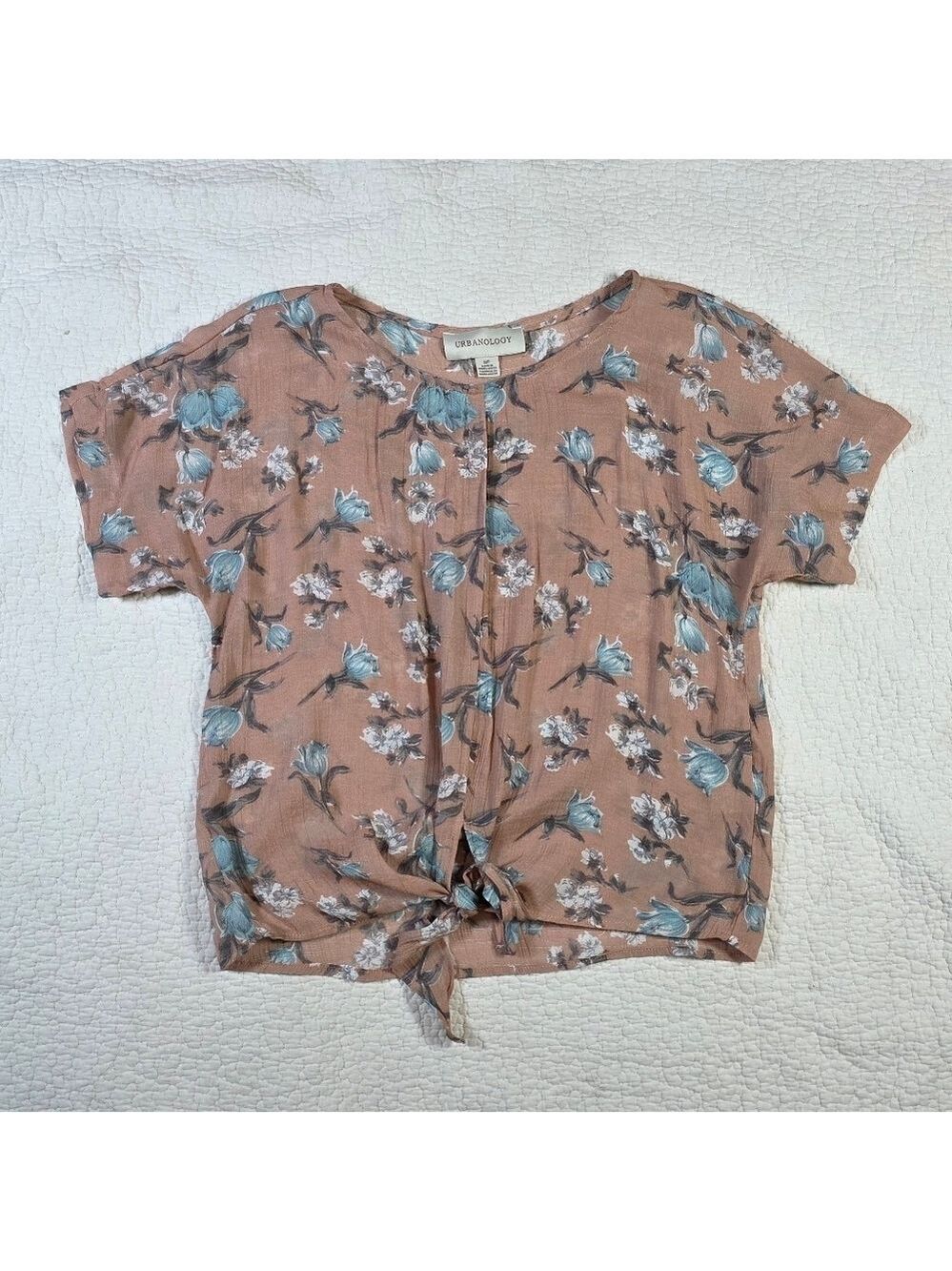 Urbanology Floral Tie-Front Short Sleeve Blouse - Pink and Blue